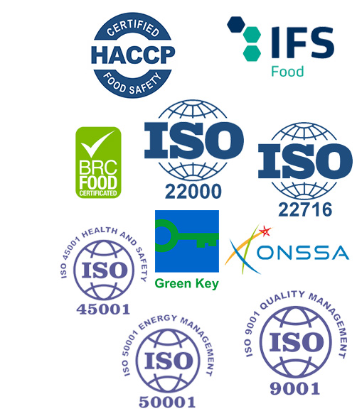 certificats ISO 9001 ISO 45001 ISO 50001 ISO 22000 IFS Food Green key